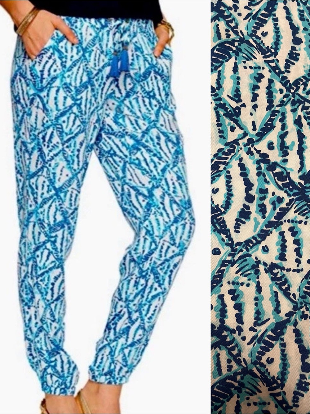 Lilly Pulitzer Piper Pull On Jogger Pants In Sparkling Blue Hook Up Fish Print L